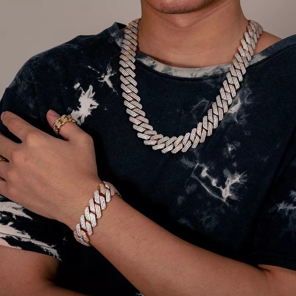 19mm 3 tone 2 rows CZ AAA+  Diamond Prong Cuban Link Chain